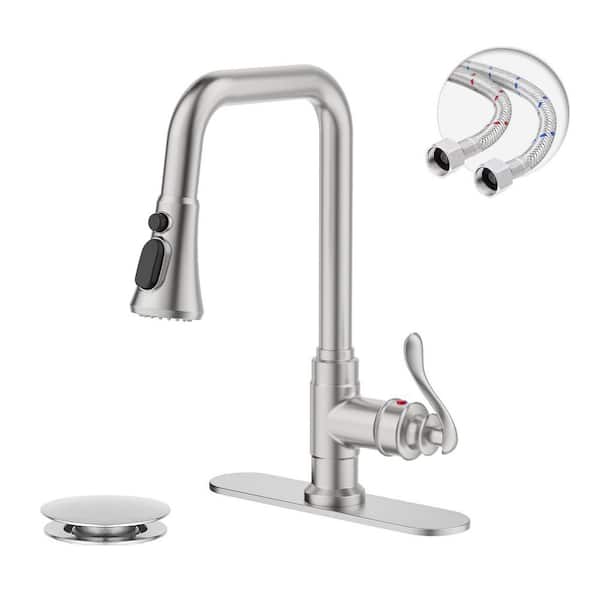 Spring Single Handle Pull-Down Sprayer Kitchen Faucet Deckplate Included in Brushed Nickel