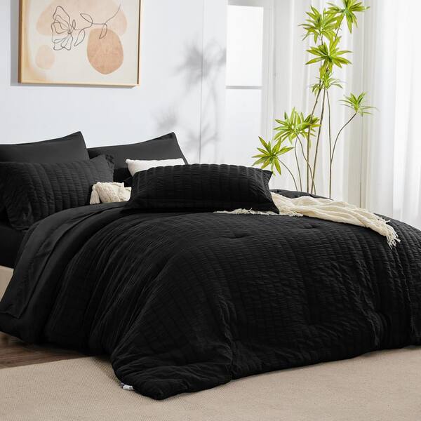 JEAREY Queen Seersucker 7-Piece Cotton Blend Comforter Set Black