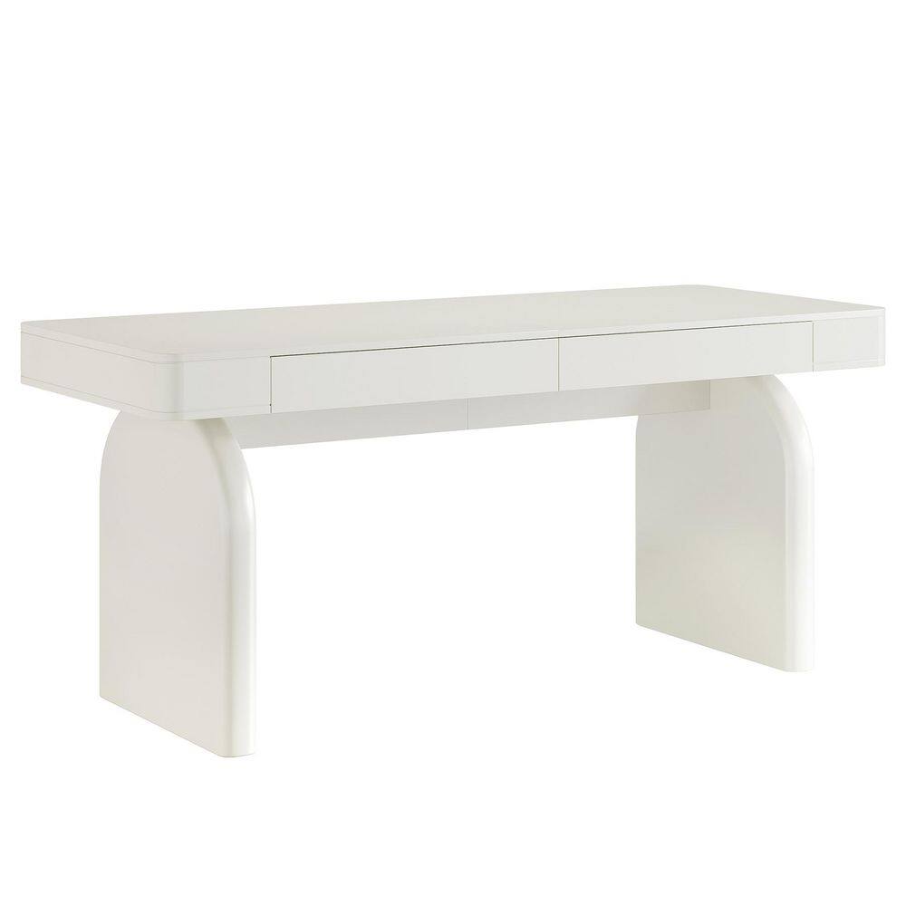 63 in. Rectangular White Wood 2-Drawer Executive Desk, Modern White Office Desk with Storage