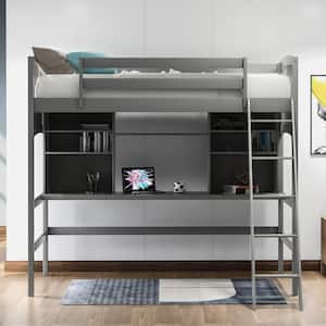 Gray Twin Loft Bed with Desk and Shelves, Wooden Loft Bed Frame for Kids, Loft Bed with Ladder and Safety Guardrail