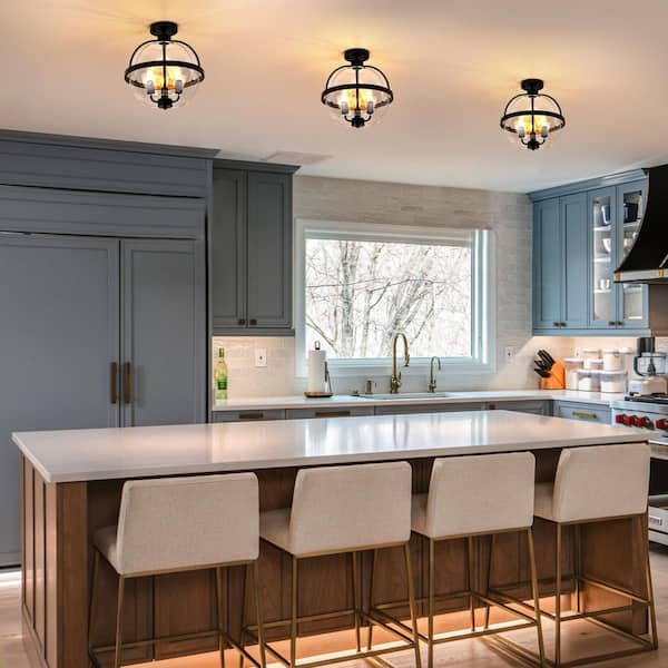 14 in. 3-Light Matte Black Globe Semi-Flush Mount Ceiling Light with Clear Glass Shade and No Bulbs Included