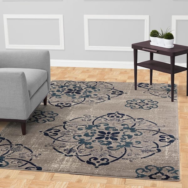 Diagona Designs Jasmin Collection Contemporary Medallion Design Gray and Ivory 7 ft. 8 in. x 9 ft. 8 in. Area Rug
