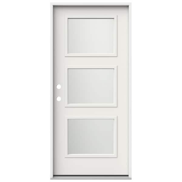 JELD-WEN 36 in. x 80 in. Right-Hand/Inswing 3 Lite Equal Frosted Glass White Steel Prehung Front Door