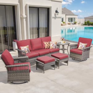 Nyajiah 6-Piece Wicker Outdoor Patio Conversation Set with Red Cushions