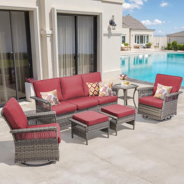 Buenaola Nyajiah 6-Piece Wicker Outdoor Patio Conversation Set with Red Cushions