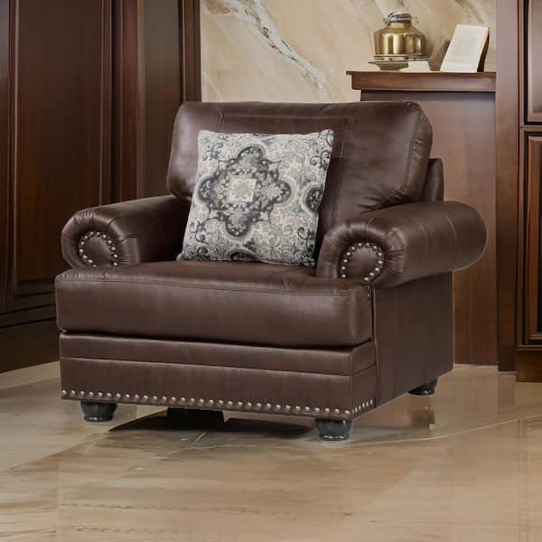 Benjara Brown and Espresso Brown Microfiber Arm chair with 1 Decor Pillow, Wood