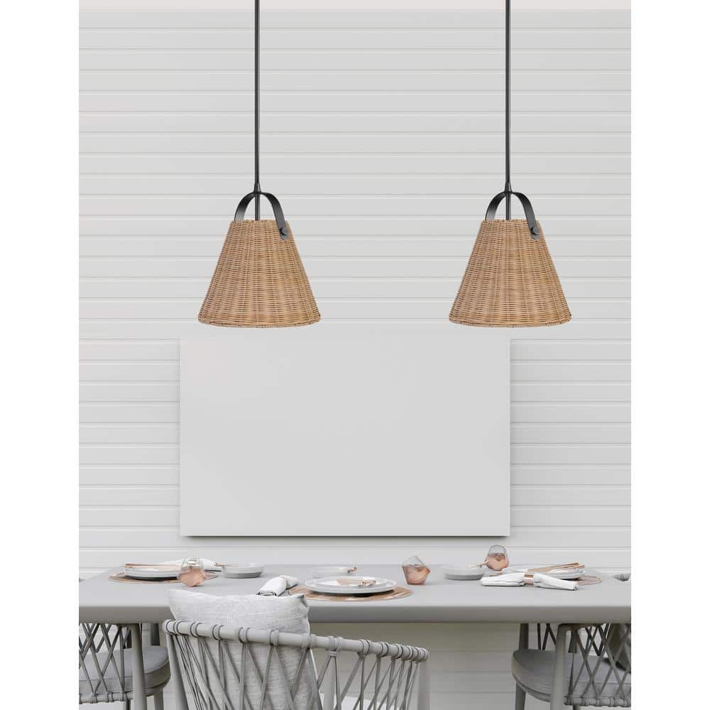 Matte Black Wicker Shade Pendant Light with Rattan