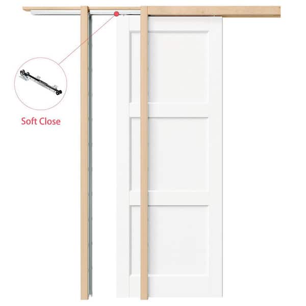 48 in. x 80 in. White Primed 3-Panel Core Pine Wood Sliding Pocket Door with Soft Close, Frame and Hardware Kit Set
