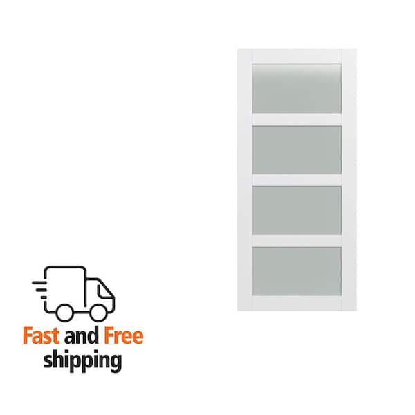 42 in. x 84 in. Shaker 4-Lite Frosted Glass Primed MDF Composite Assembly Required Barn Door Slab