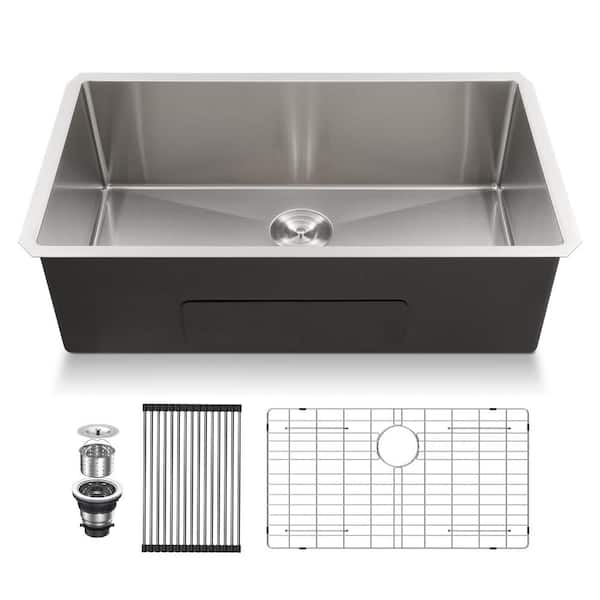 33 in. Undermount Single Bowl 16-Gauge Handmade Stainless Steel Kitchen Sink with Bottom Rinse Grid