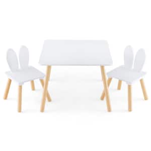 3-Piece Wooden Top White Kids Table and Chairs Set Children Furniture Set w/Solid Wood Legs