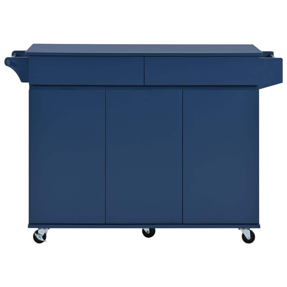 Navy Blue MDF Kitchen Cart with 3 Door Cabinet, Spice Rack, Drop Leaf and T