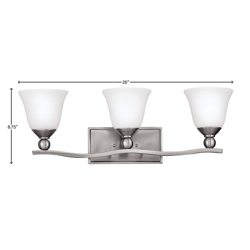 Elegance Brushed Nickel 3-Light Bath Fixture with Etched Opal Shades