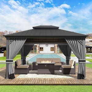 12 ft. x 14 ft. Gray Metal Hardtop Gazebo with Double Roof Pergola, Netting and Curtain Gray