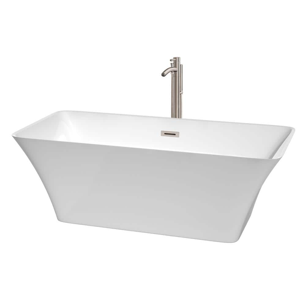 Wyndham Collection Tiffany 67 in. Acrylic Flatbottom Non-Whirlpool Bathtub in White with Brushed Nickel Trim and Faucet