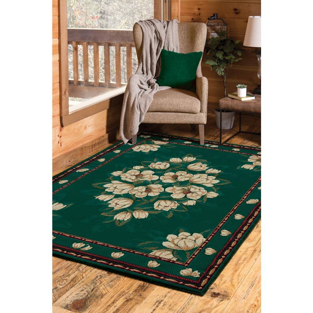 Hunter Green Floral Polypropylene Rectangular Accent Rug 2x3