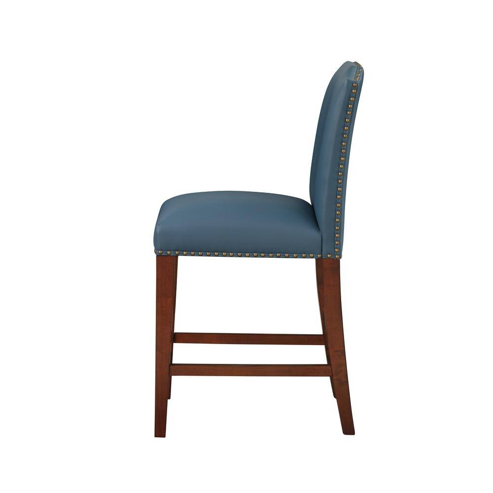 Blue Faux Leather and Wood Counter Stool with Nailhead Trim