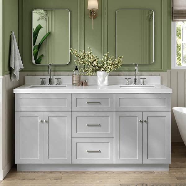 ARIEL Hamlet 67 in. W x 22 in. D x 36 Double Sink Freestanding Bath Vanity in Grey with Pure White Quartz Top