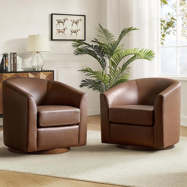 Teeny Brown Modern Genuine Leather Swivel Barrel Chair with Solid Wood Base Set of 2