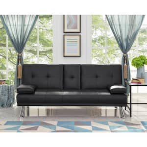 Black, Futon Sofa Bed Faux Leather Futon Couch with Armrest and 2-Cupholders, Sofa Bed Couch Convertible with Metal Legs