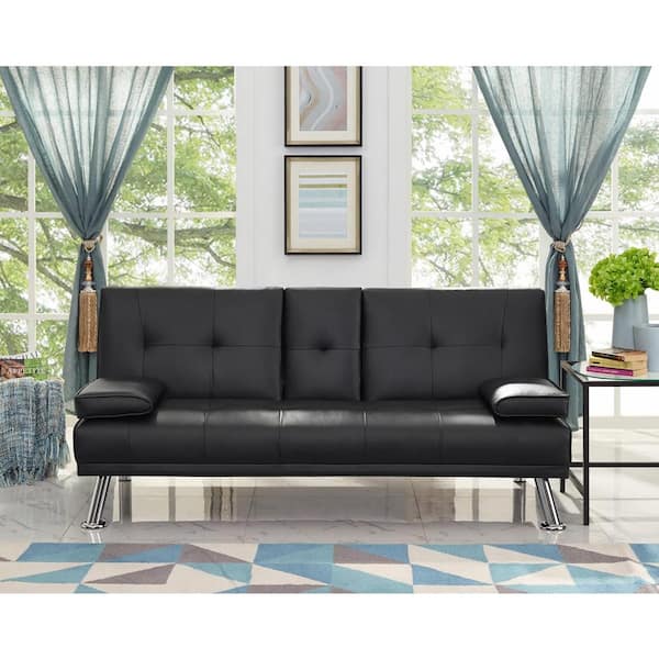 HOMESTOCK Black, Futon Sofa Bed Faux Leather Futon Couch with Armrest and 2-Cupholders, Sofa Bed Couch Convertible with Metal Legs