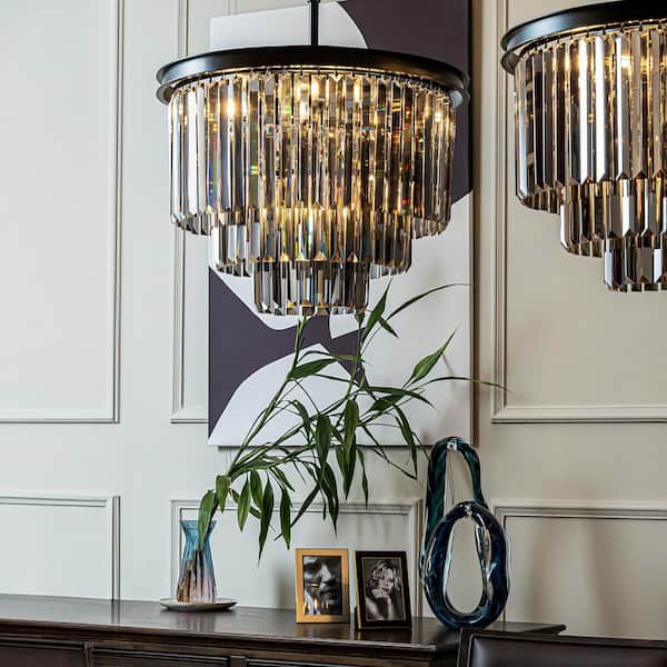 ALOA DECOR 6-Lights 20 in. W Modern 3-Tier Matte Black and Smoke Crystal Chandelier Round Fringe Chandeliers for Dining Room