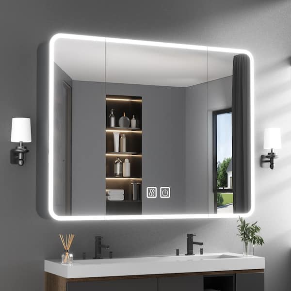 35 in. W x 28 in. H Gray Rectangular Aluminum 3 Colors LED Light Medicine Cabinet with Mirror