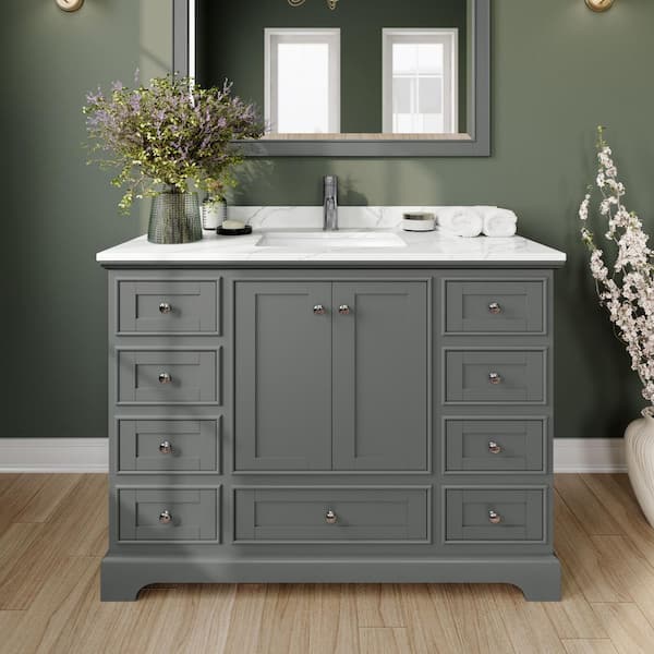 Wyndham Collection Deborah 48 in. W x 22 in. D x 35 in. H Single Bath Vanity in Dark Gray with Giotto Quartz Top and MC Mirror