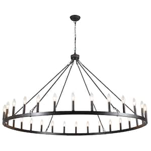 30 - Light 60 in. Antique Brown Oversized Modern Farmhouse Wagon Wheel Chandelier for Living Room