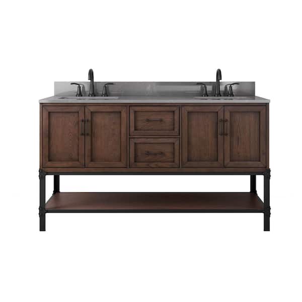 Alster 60 in. Double Sink Brown Oak Bath Vanity with Gray Quartz Marble Top (Assembled)
