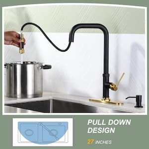 Single Handle Pull Down Sprayer Kitchen Faucet with 27 in. Extend Pipe Stainless Steel in Black and Gold