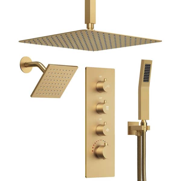 SerenityFlow Shower System 7-Spray 16&6 in. Dual Ceiling Mount Fixed and Handheld Shower Head 2.5GPM in Brushed Gold