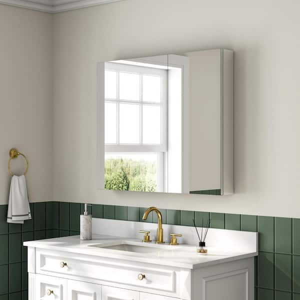 Eoviamne 36 in. W x 30 in. H Rectangular Aluminum Recessed/Surface Mount Medicine Cabinet with Mirror, Soft Close Bi-view Door