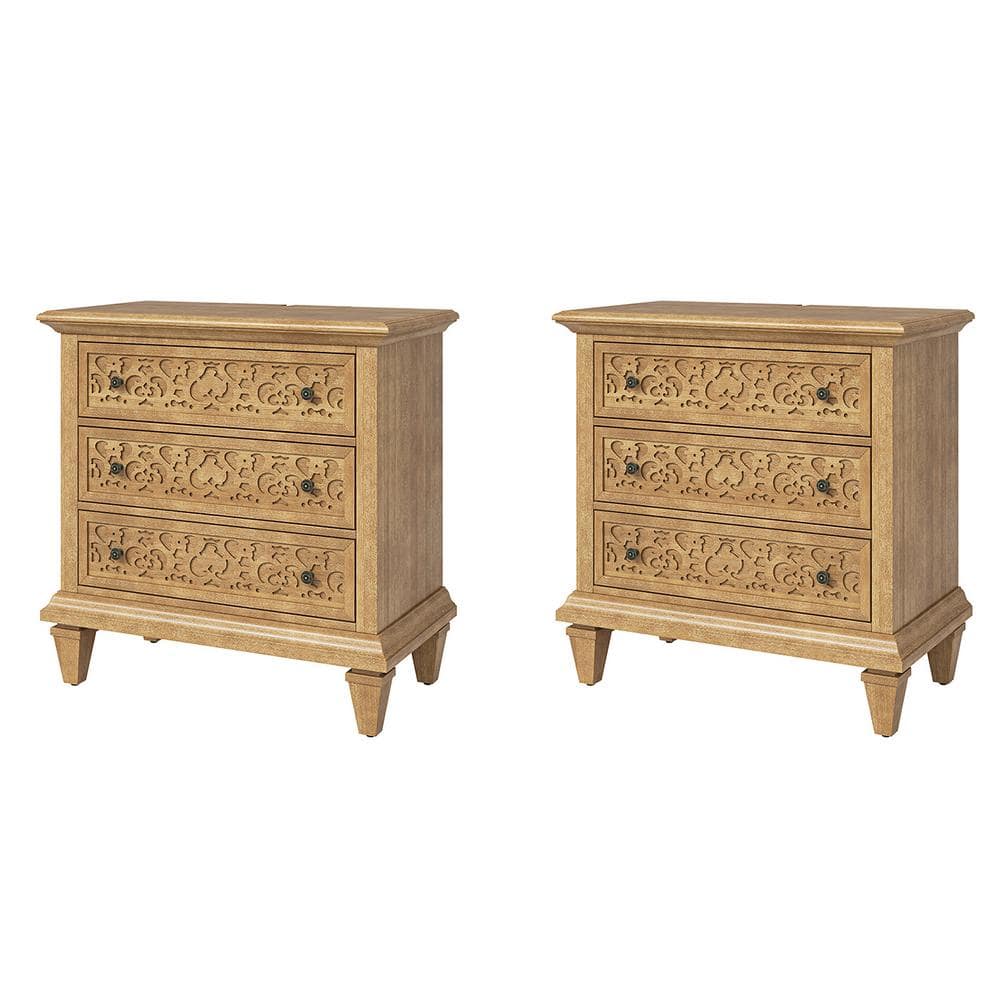 Augusto Transitional 3-Drawer Fretwork Nightstand with Built-In Outlets and Solid Wood Legs (Set of 2) Seadrift