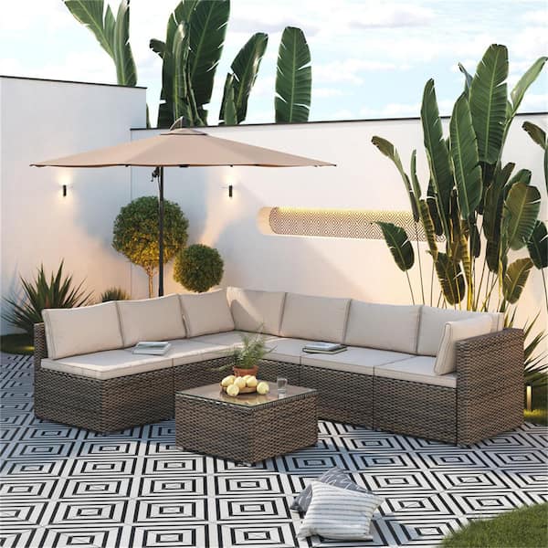 Cesicia Brown Frame 7-Piece Wicker Patio Conversation Set with Beige Cushions Pillows and Glass Table