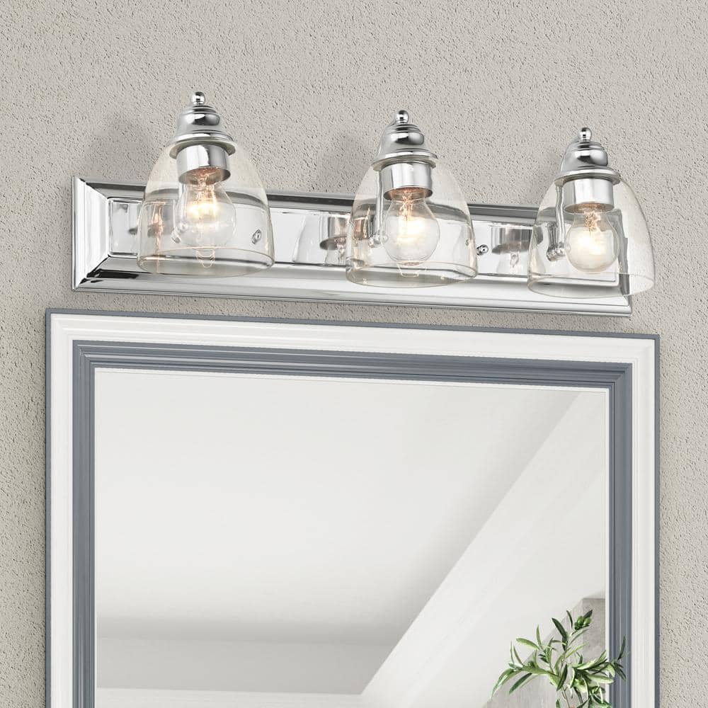 Elegant Polished Chrome 3-Light Vanity Sconce with Hand Blown Glass Shades