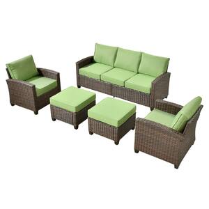 Palermo Brown 5-Piece Relaxing Modern Wicker Modular Outdoor Patio Conversation Sofa Set with Green Cushions