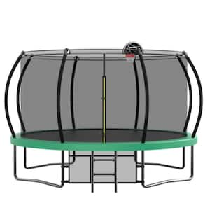 12ft Outdoor Trampoline Sports Fitness Recreational Trampolines with Basketball Hoop and Ball, Pump in Green