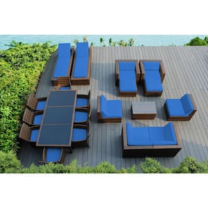Mixed Brown 20-Piece Wicker Patio Combo Conversation Set with Supercrylic Blue Cushions