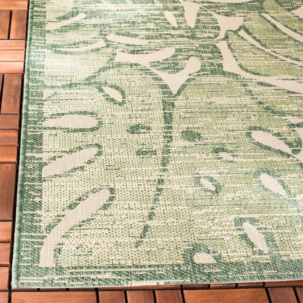 Beige and Green Leaf Pattern Indoor/Outdoor Area Rug