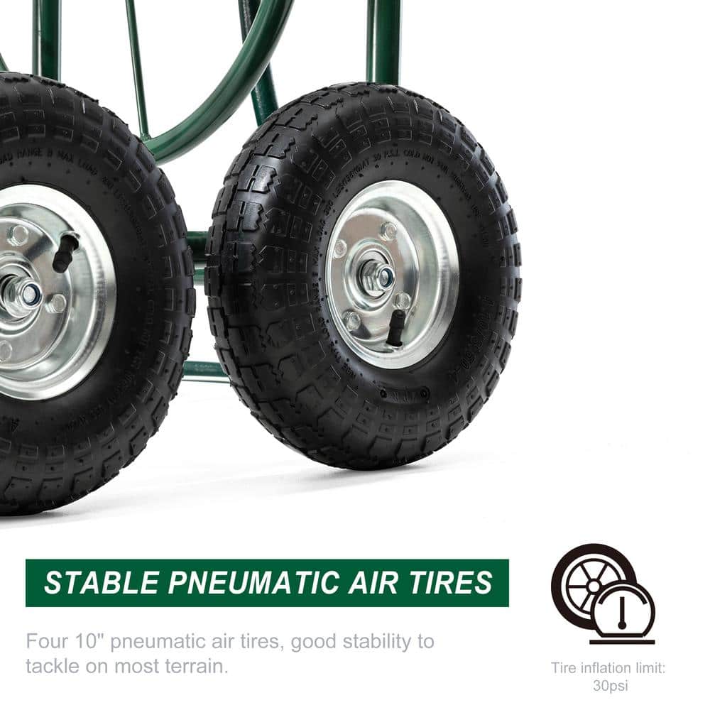 Green Steel 4-Wheel Garden Hose Reel Cart with Climate Resistant Finish