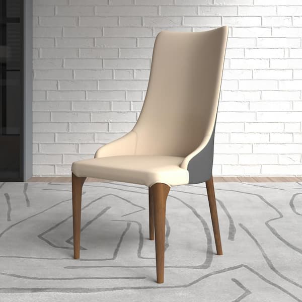 Leisuremod High Back Dining Chair Modern Upholstered in Leather with Ash Wood Legs Elm Series in Grey