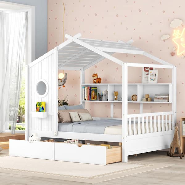 Saxton White Full Size Wooden Kids House Bed with 2-Drawers, Platform Bed with Storage Shelf