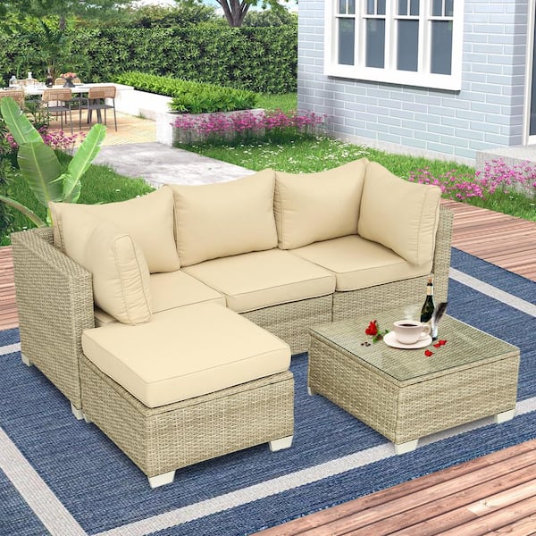 Cesicia 5-Piece Gray Wicker Outdoor Sectional Set with Field Gray Cushions and Coffee Table