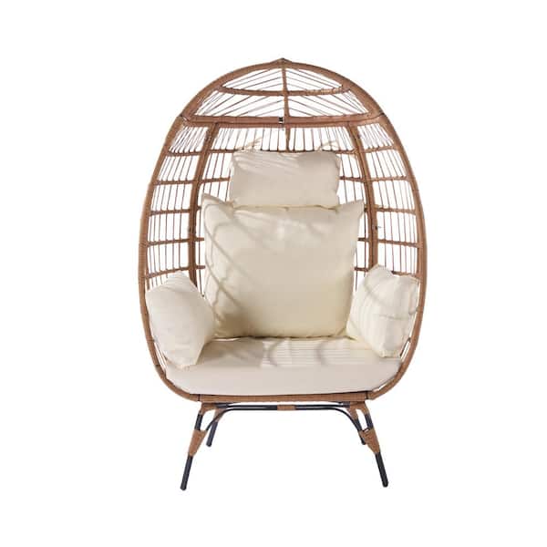 Boosicavelly 39 in. L Steel Frame Wood Rattan Outdoor Patio Swing with Beige Cushion