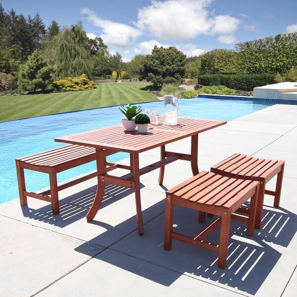 Vifah Malibu Wood 4-Piece Outdoor Dining Set with Backless 4 ft. Bench and Backless Stool