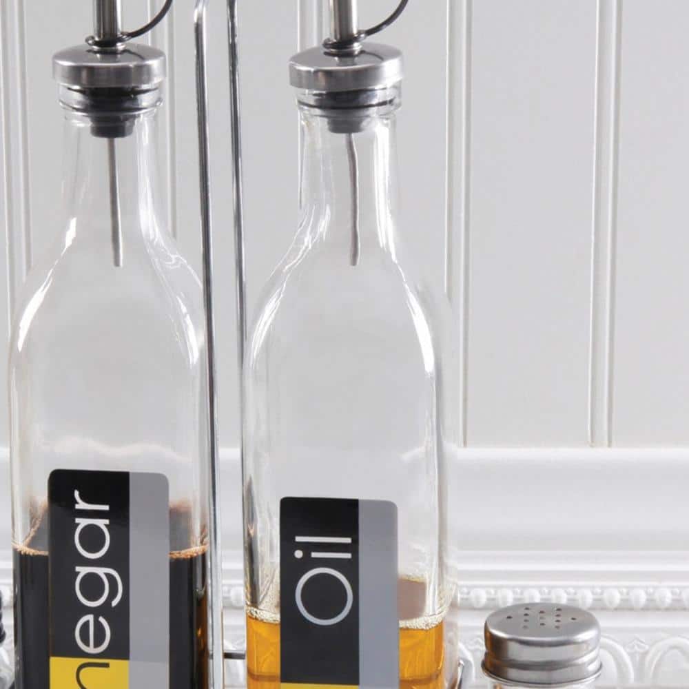 Clear Glass and Stainless Steel 4-Piece Condiment Set with Wire Caddy
