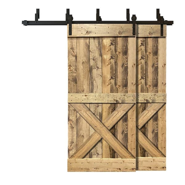 CALHOME 76 in. x 84 in. Mini X Bar Bypass Weather Oak Stained Solid Wood Interior Double Sliding Barn Door with Hardware Kit