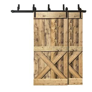 84 in. x 84 in. Mini X Bar Bypass Weather Oak Stained Solid Wood Interior Double Sliding Barn Door with Hardware Kit