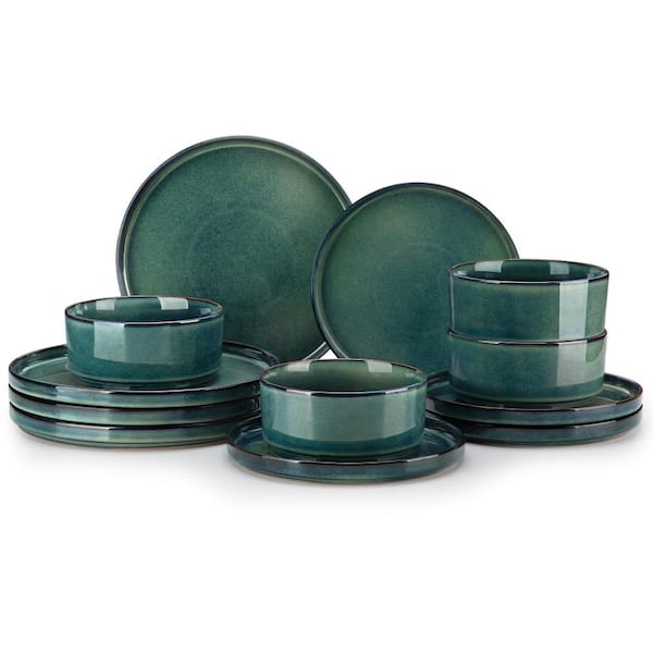 Starry 12-Piece Modern Green Stackable Stoneware Dinnerware Set with Reactive Glaze Service for 4